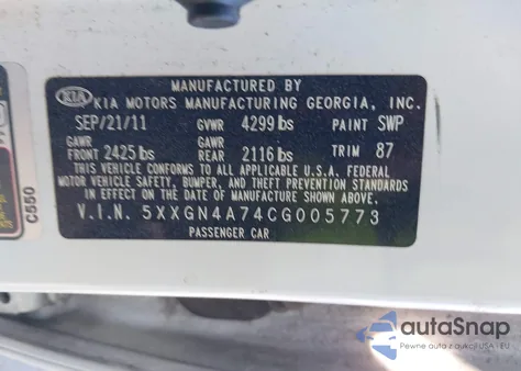 2012 Kia Optima Ex z USA, uszkodzony, nr VIN 5XXGN4A74CG005773